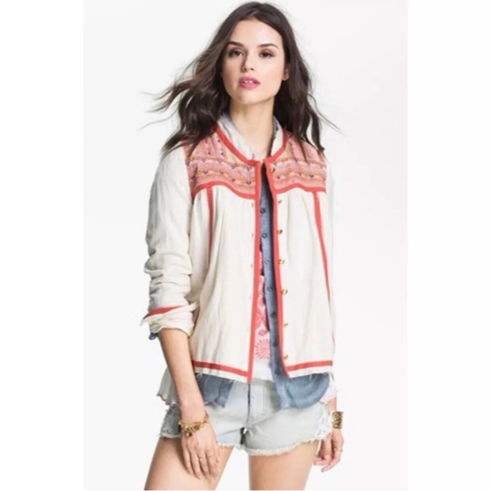 Free People Embroidered Distressed Linen Boho Trapeze Jacket